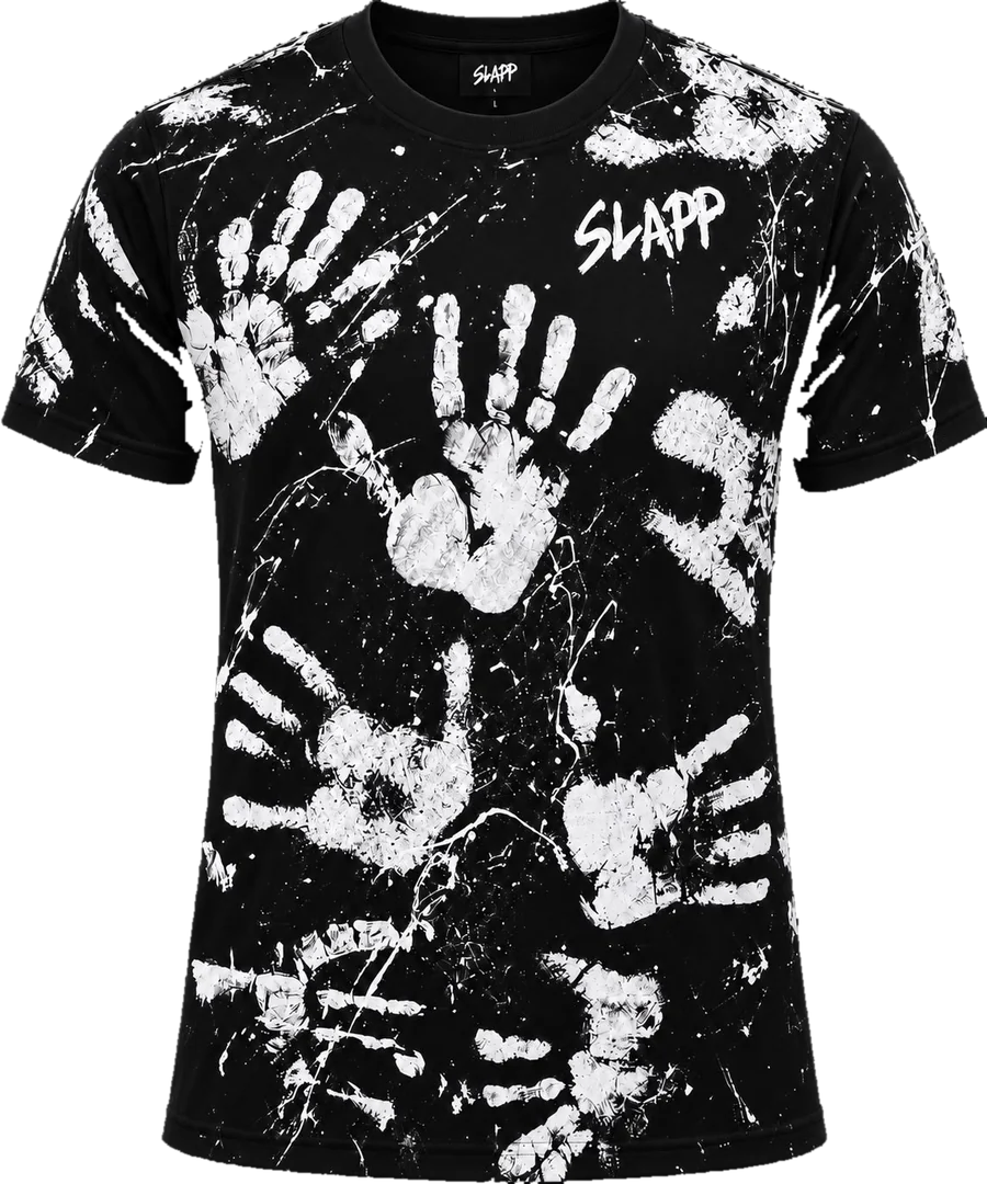 SLAPP Nr. 002 White on Black, schwarzes T-Shirt mit wei&szlig;en Handabdr&uuml;cken