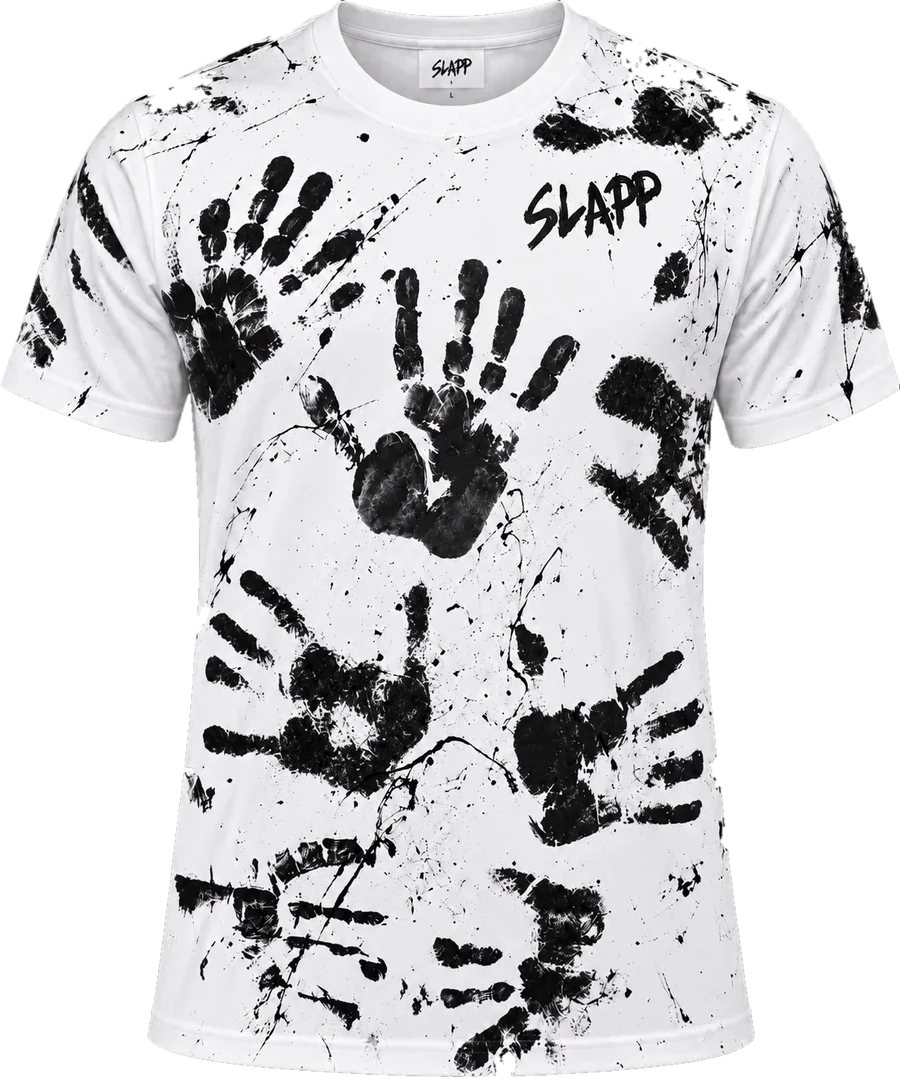 SLAPP Nr. 001 Black on White, wei&szlig;es T-Shirt mit schwarzen Handabdr&uuml;cken