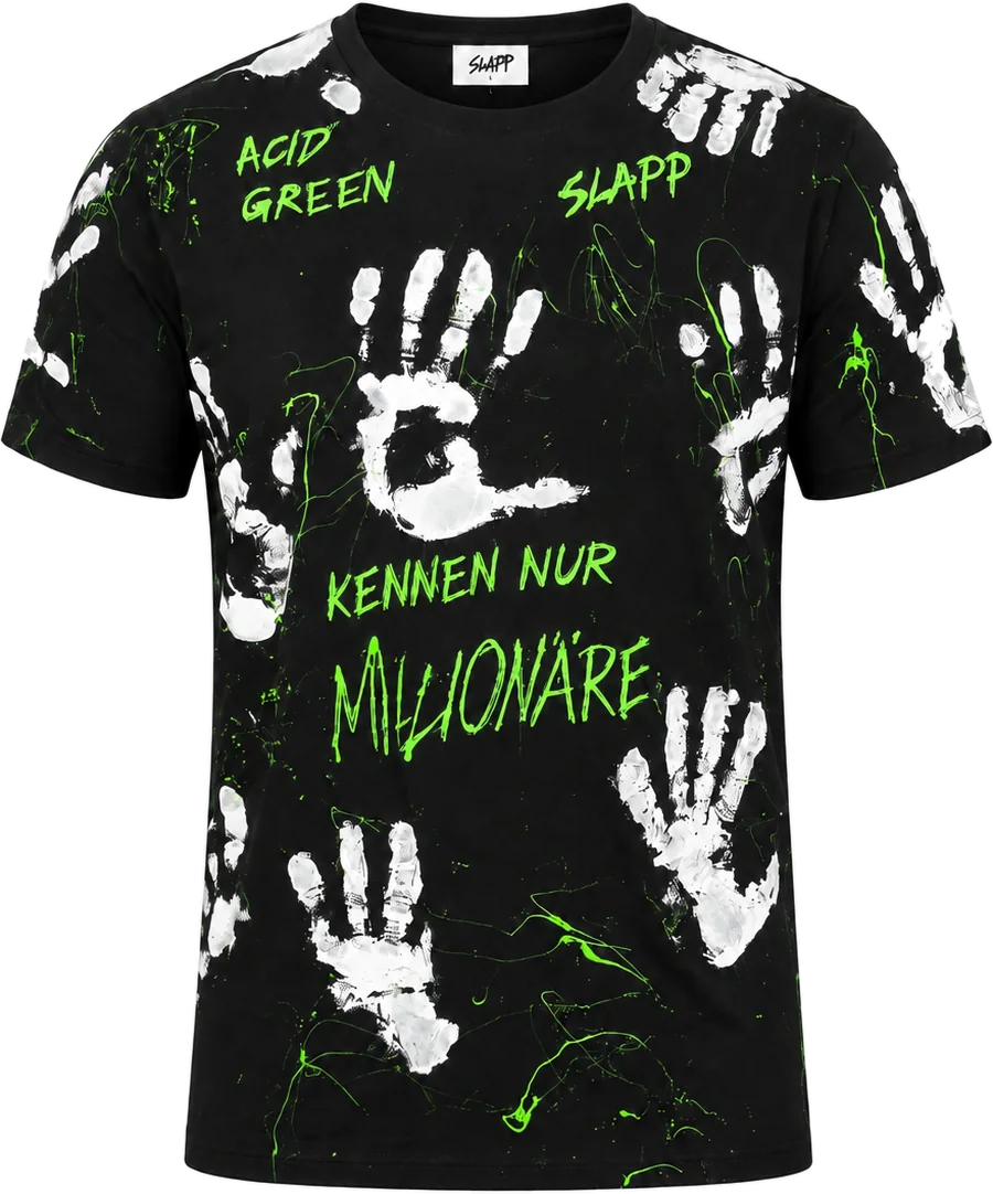 SLAPP Acid Green, schwarzes T-Shirt mit wei&szlig;en Handabdr&uuml;cken und gr&uuml;nem Schriftzug